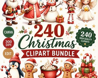 May include: A digital collection of 240 Christmas clipart images featuring Santa Claus, a snowman, an elf, an angel, a penguin, gingerbread cookies, a red mug with whipped cream, and gift boxes, with text reading 240 Christmas CLIPART BUNDLE.