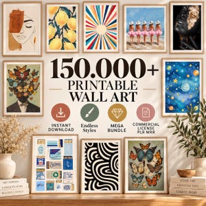 Peut inclure: Une collection numérique de plus de 150 000 œuvres d'art mural imprimables présentant des images variées, notamment des visages abstraits, des citrons, des soleils, des plages, des papillons, l'espace et des motifs, avec des icônes de licence.