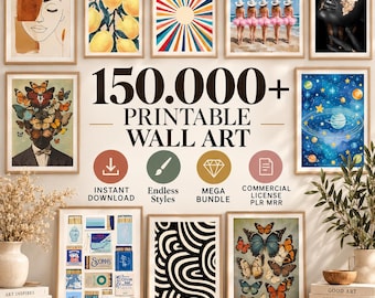 150,000+ Digital Wall Art Bundle | Vintage Prints, Boho Wall Art & Pop Art | Printable Wall | Commercial License PLR MRR | Digital Download
