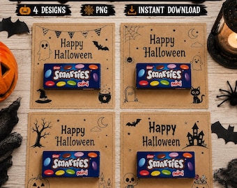 Halloween Tischdeko & Mitgebsel | 4 Halloween Smarties Karten | Instant Download | Printable | Kita | Schule | Gastgeschenk