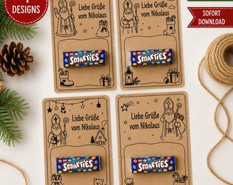 Nikolaus Kärtchen zum Ausdrucken | 4 Geschenkanhänger mit Süßigkeitenhalter | Digitaler Download PNG | Nikolaus Geschenk Kinder | Mitgebsel