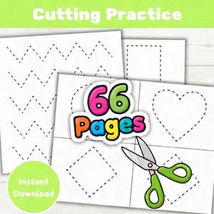May include: A set of 66 pages for cutting practice featuring white paper sheets with black dashed lines in shapes like hearts, diamonds, and zigzags. The text Cutting Practice and 66 Pages is visible along with a green pair of scissors illustration.