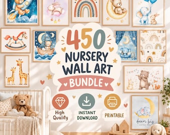 450 Nursery Wall Art Bundle | Kids Room Printable Decor | Baby Nursery Prints | Watercolor Animal Wall Art | Instant Digital Download