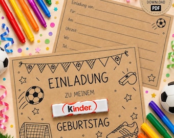 Fußball Einladung Kindergeburtstag | Geburtstagseinladung mit Kinderschokolade | Einladungskarte Fußball | PDF Sofort Download