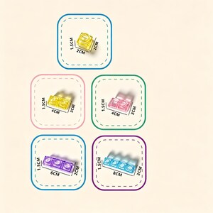 May include: A collection of five translucent plastic building blocks in yellow, pink, purple, and blue. Each block is displayed within a rounded square frame with dimensions labeled in centimeters: 1.5cm height, 2cm depth, and lengths of 2cm, 4cm, 6cm, or 8cm.
