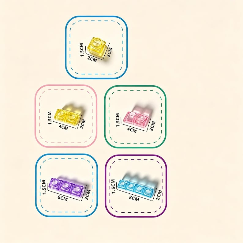May include: A collection of five translucent plastic building blocks in yellow, pink, purple, and blue. Each block is displayed within a rounded square frame with dimensions labeled in centimeters: 1.5cm height, 2cm depth, and lengths of 2cm, 4cm, 6cm, or 8cm.
