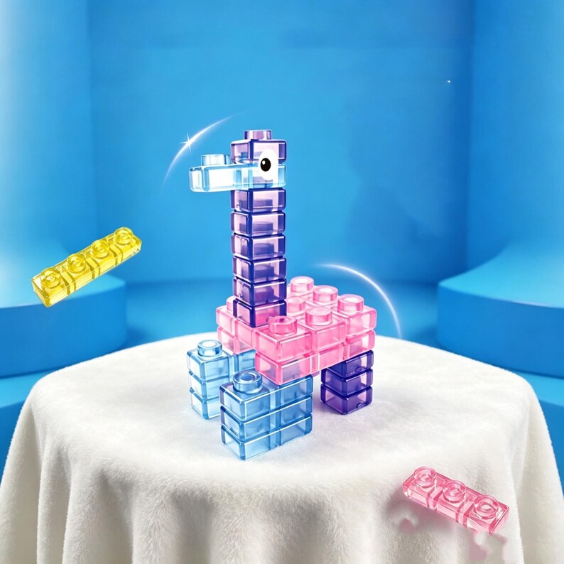 May include: A giraffe figure constructed from translucent purple, pink, and blue plastic building blocks. The figure features a single white eye with a black pupil on the head. A separate yellow block floats to the left, and a pink block sits below.