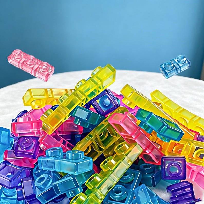 May include: A collection of translucent plastic building blocks in vibrant shades of pink, yellow, blue, green, and purple. The rectangular bricks feature circular studs on top and are scattered in a pile, with two individual pieces floating above.