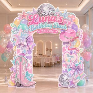 May include: A large, arched party backdrop featuring a pink and white cow print pattern, decorated with disco balls, stars, a pink cowboy hat, a pink cowboy boot, and bows. The text reads: Luna's Birthday Bash, Let's Party!, Sweet 5, and Born to Sparkle.
