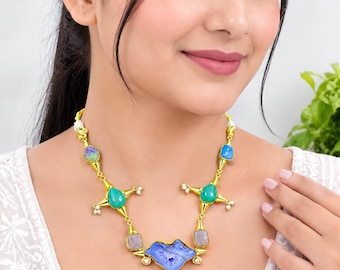 Natural Druzy Stone Statement Necklace, Gold Plated Brass Boho Jewelry