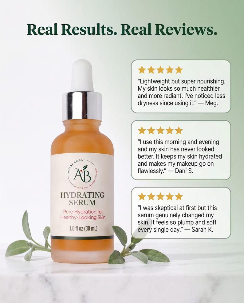 May include: A frosted glass dropper bottle of Amare Bella Hydrating Serum with a white label, silver cap, and 1.0 fl oz (30 mL) volume. The text reads Real Results. Real Reviews. and includes three five-star customer testimonials about skin health.