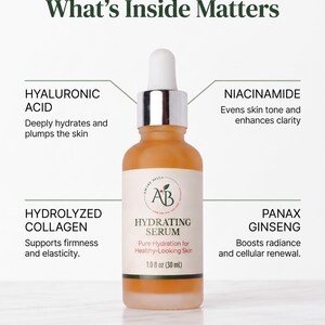 May include: A glass dropper bottle of Amare Bella Hydrating Serum with a white label. Text reads: What's Inside Matters, Hyaluronic Acid, Niacinamide, Hydrolyzed Collagen, Panax Ginseng, Pure Hydration for Healthy-Looking Skin, and 1.0 fl oz (30 mL).