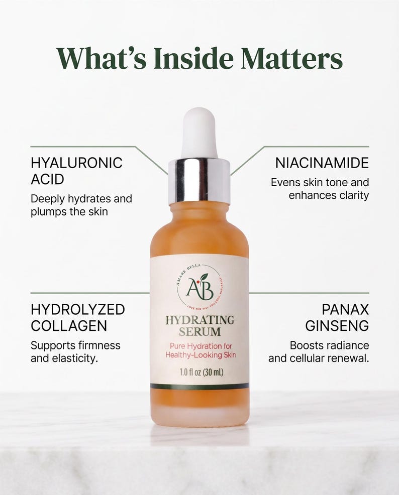 May include: A glass dropper bottle of Amare Bella Hydrating Serum with a white label. Text reads: What's Inside Matters, Hyaluronic Acid, Niacinamide, Hydrolyzed Collagen, Panax Ginseng, Pure Hydration for Healthy-Looking Skin, and 1.0 fl oz (30 mL).