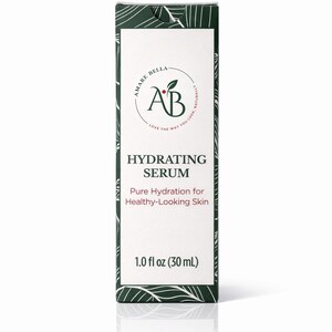May include: A rectangular box of Amare Bella Hydrating Serum with a white front panel featuring the brand logo, the text 'HYDRATING SERUM', 'Pure Hydration for Healthy-Looking Skin', and '1.0 fl oz (30 mL)'. The sides are dark green with white leaf patterns.