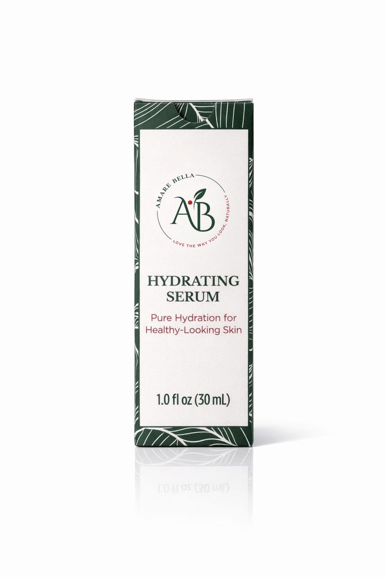 May include: A rectangular box of Amare Bella Hydrating Serum with a white front panel featuring the brand logo, the text 'HYDRATING SERUM', 'Pure Hydration for Healthy-Looking Skin', and '1.0 fl oz (30 mL)'. The sides are dark green with white leaf patterns.