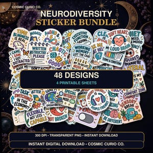 Puede incluir: Un paquete de pegatinas digitales con 48 diseños sobre neurodiversidad en 4 hojas imprimibles. Las pegatinas incluyen ilustraciones coloridas y textos como Time Blindness Is Real, Working Memory Left The Chat y Sensory Friendly Is People Friendly.