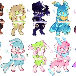 May include: A digital illustration featuring fourteen distinct anthropomorphic creature designs arranged in two rows, each labeled with a number and the text GoomyAdoptz. The characters display varied color palettes, patterns, and physical traits.
