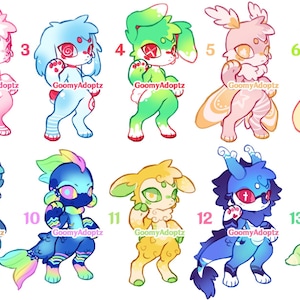 May include: A digital illustration featuring fourteen distinct anthropomorphic creature designs arranged in two rows, each labeled with a number and the text GoomyAdoptz. The characters display varied color palettes including yellow, pink, blue, green, and purple.