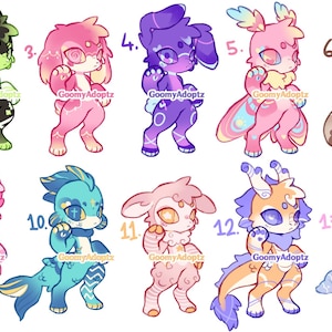 May include: A digital illustration featuring fourteen distinct anthropomorphic creature designs numbered one through fourteen, each labeled with the text GoomyAdoptz. The characters display varied color palettes, patterns, and physical traits.