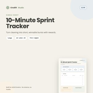 May include: A digital 10-Minute Sprint Tracker document featuring a clean layout with dark text on a light background. The sheet includes sections for sprint instructions, a log for tracking tasks, and a points system for rewards, designed for productivity.