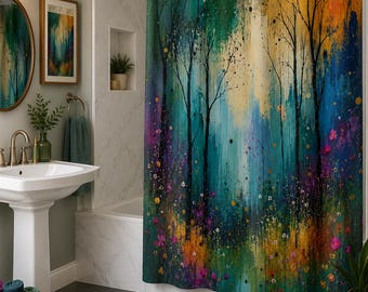 Abstrakcyjna zasłona prysznicowa z motywem lasu, nastrojowy wystrój łazienki w stylu leśnym, artystyczna natura, nowoczesna łazienka w stylu boho