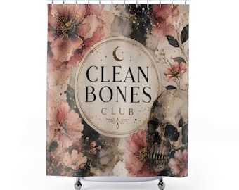 Zasłona prysznicowa Clean Bones Club | Dekoracja łazienki z motywem czaszki i księżyca