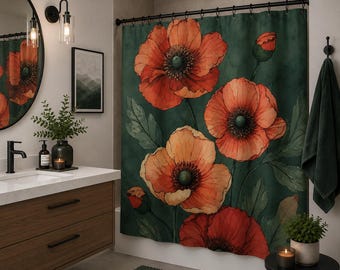Zasłona prysznicowa z motywem maku, wystrój łazienki w stylu vintage botanicznym, łazienka w stylu Moody Cottagecore