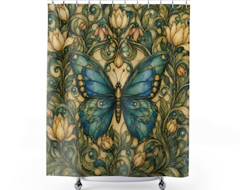 Zasłona prysznicowa z motywem niebieskiego motyla | Art Nouveau Botanical