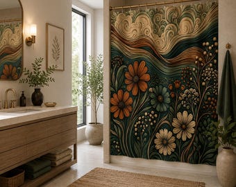Zasłona prysznicowa w stylu vintage z kwiatowymi falami | Boho stokrotki, wirujące odcienie ziemi