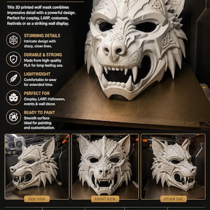 May include: A 3D printed wolf mask in the Valkyrie Edition, featuring an off-white, matte finish with intricate, raised knotwork patterns, pointed ears, and bared teeth. The mask displays a symmetrical, aggressive design with sharp, clean lines throughout the structure.