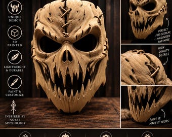 May include: A tan 3D printed Viking skull mask featuring a jagged, toothy grin, deep eye sockets, and stitched detailing across the forehead. The mask displays a textured surface and is presented with various text labels including VIKING SKULL MASK.