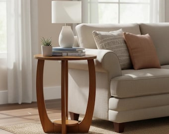 Round Solid Wood End Table 2 Tier Walnut Side Board Detachable Lower Shelf Nightstand