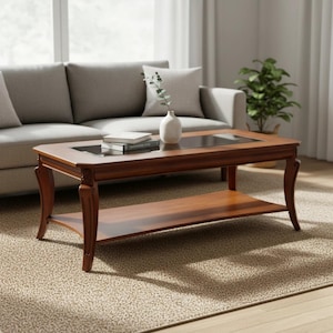 Rectangle Solid Wood Glass Coffee Table Vintage Cherry Farmhouse Living Room Center Shelf