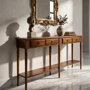 May include: A long wooden console table with four drawers featuring dark metal ring pulls and a lower shelf. The table has slender turned legs and a smooth finish. It is positioned against a wall with a gold-framed mirror and decor.
