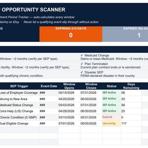 May include: A digital SEP Opportunity Scanner spreadsheet tracker featuring a header with status counts for active, upcoming, expiring, and expired windows. Below is a trigger reference section and a detailed table with columns for client data, plan details, dates, and status.