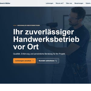 Könnte beinhalten: Eine Website-Startseite für Handwerk Müller mit einer dunkelblauen Überlagerung. Der Text lautet: Regionaler Meisterbetrieb, Ihr zuverlässiger Handwerksbetrieb vor Ort, Qualität, Erfahrung und persönliche Beratung für Ihr Projekt. Enthält Schaltflächen für Leistungen ansehen und Kontakt aufnehmen.