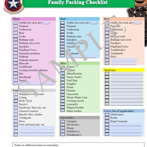 Puede incluir: Una lista de equipaje familiar para Universal Orlando con un encabezado verde, una marca de agua y columnas categorizadas para mamá, papá, niños, varios, medicina, electrónica y equipaje de mano, con casillas de verificación junto a cada artículo.