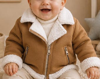 Puede incluir: Una chaqueta de ante color tostado con cuello y puños de borreguillo sintético blanco, con cremallera frontal plateada y dos bolsillos laterales con cremallera. La chaqueta se lleva sobre un jersey de cuello alto color crema y pantalones claros.