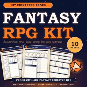 Könnte beinhalten: Ein digitales Fantasy-Rollenspiel-Set mit 157 druckbaren Seiten, darunter Charakterbögen für Krieger und Magier, NPC-Profile und Quest-Tracker. Das Design zeigt einen dunkelblauen Hintergrund mit orangefarbenem Text und einem W20-Würfel.