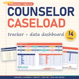 Op de afbeelding: Een digitaal spreadsheet-sjabloon voor een counselor caseload-tracker en data-dashboard. Het ontwerp bevat vetgedrukte marineblauwe en koraalkleurige tekst op een crèmekleurige achtergrond met lijnen, met 14 tabbladen, gegevenstabellen en grafieken voor het bijhouden van sessies.