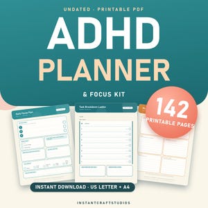 Pode incluir: Um planejador de TDAH e kit de foco em PDF imprimível sem data, contendo 142 páginas. O design inclui três layouts de página com esquemas de cores azul-petróleo e creme, escadas de tarefas e planos de foco diário em A4 e US letter.
