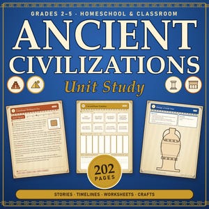Könnte beinhalten: Ein blaues Deckblatt für eine Unterrichtseinheit mit dem Titel Ancient Civilizations für die Klassen 2-5. Es enthält drei Beispielarbeitsblätter, darunter Keilschrift auf Ton, eine Zeitleiste und ein griechisches Vasendesign, insgesamt 202 Seiten.