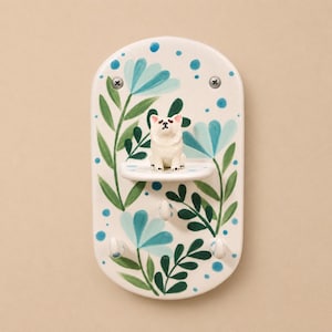 Custom Aqua Botanical Ceramic Pet Key Holder Wall Key Rack Personalized Portrait Shelf Blue Floral Cat Dog Entryway Decor Gift For Pet Mom