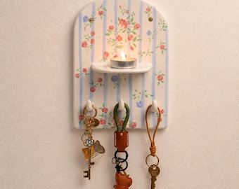 Custom Cottagecore Blue Stripe Rose Ceramic Key Holder Wall Key Rack Floral Shelf Key Hook Tealight Entryway Decor Gift