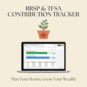 Può includere: Un foglio di calcolo digitale per il monitoraggio dei contributi RRSP e TFSA visualizzato su uno schermo di un portatile. Sopra il portatile c'è un vaso in terracotta con un disegno di foglia d'acero e una piccola pianta verde. Il testo recita RRSP & TFSA CONTRIBUTION TRACKER e Max Your Room, Grow Your Wealth.