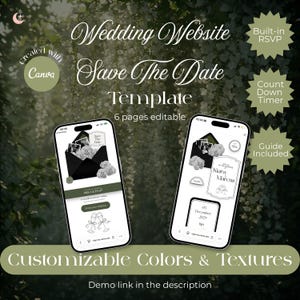 Pode incluir: Um modelo de site de casamento e save the date com 6 páginas editáveis. Dois smartphones exibem a interface com envelopes pretos, rosas brancas e taças de champanhe. O texto inclui Wedding Website, Save The Date, Built-in RSVP, Count Down Timer, Guide Included e Customizable Colors & Textures.