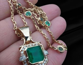 Vintage Emerald Cut Green Emerald Necklace, Yellow Gold Plated Geometric Pendant, Pave Halo Station Chain Charm, Art Deco Bridal Gift Her