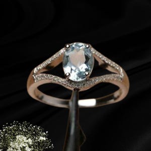 Vintage Oval Aquamarine Simulant Ring, Rose Gold Plated Split Shank, Art Deco Promise Ring