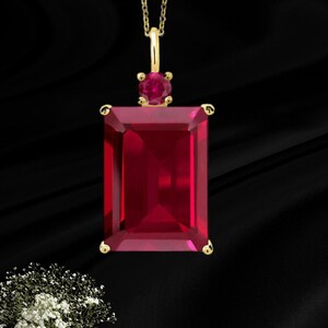 Vintage Emerald Cut Red Ruby Necklace, Yellow Gold Plated Statement Pendant, Radiant Step Cut Red Crystal Charm, Delicate Holiday Gift Her