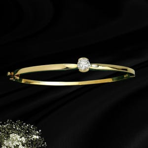 14K Yellow Gold Solitaire Bangle Bracelet, Round Brilliant Moissanite Hinged Cuff